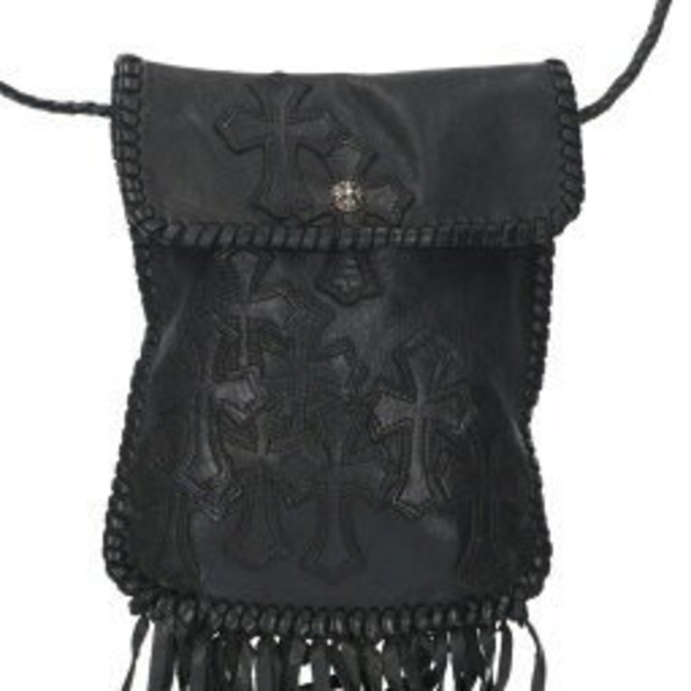 Chrome Hearts BAG FLAT HIPPIE w FRINGE Cemetery Leather Patch Shoulder Bag Black